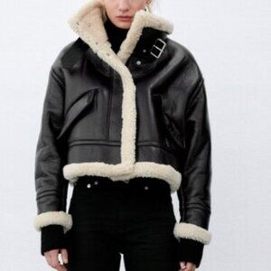 Zara Faux Leather Fleece Collar Jacket Black XS